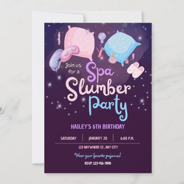 Convite de aniversário do Spa Slumber Party (Frente)