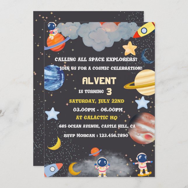 Convite de Aniversário do Space Explorers para Cri (Frente/Verso)