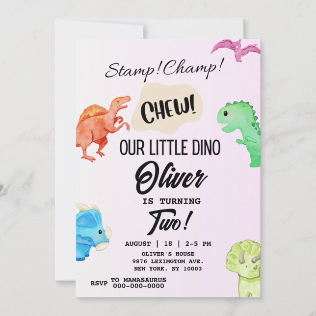 Convite de Aniversário do STOMP CHOMP E CHEW Dinos (Frente)