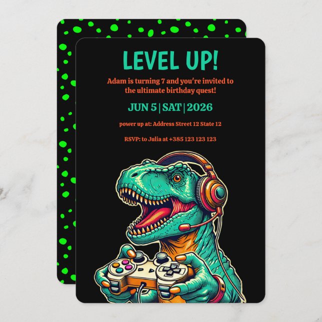 Convite de aniversário do T-Rex Boy do Nível Super (Frente/Verso)