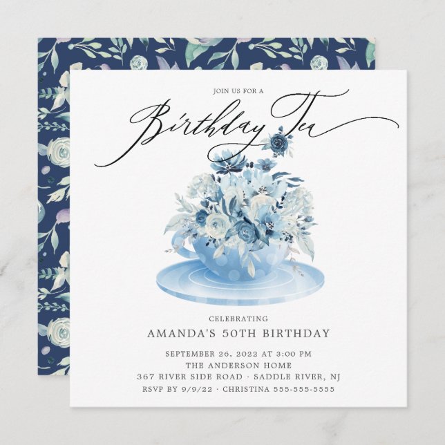Convite De Aniversário Do Tea Azul Elegante (Frente/Verso)