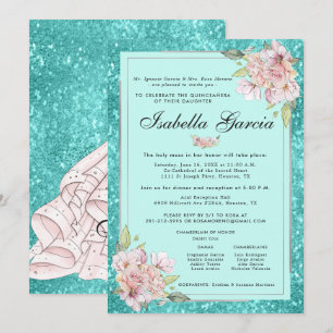 Convite de Aniversário do Teal Blue Floral Quincea