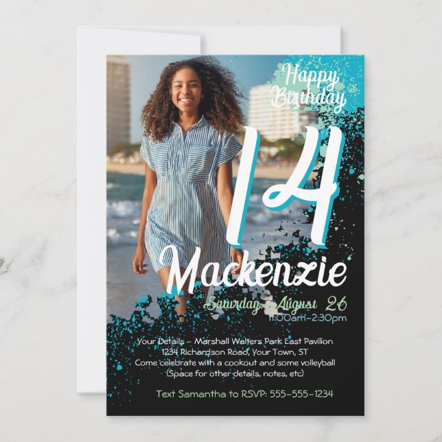 Convite de Aniversário do Teal Paint Splatter Phot (Frente)