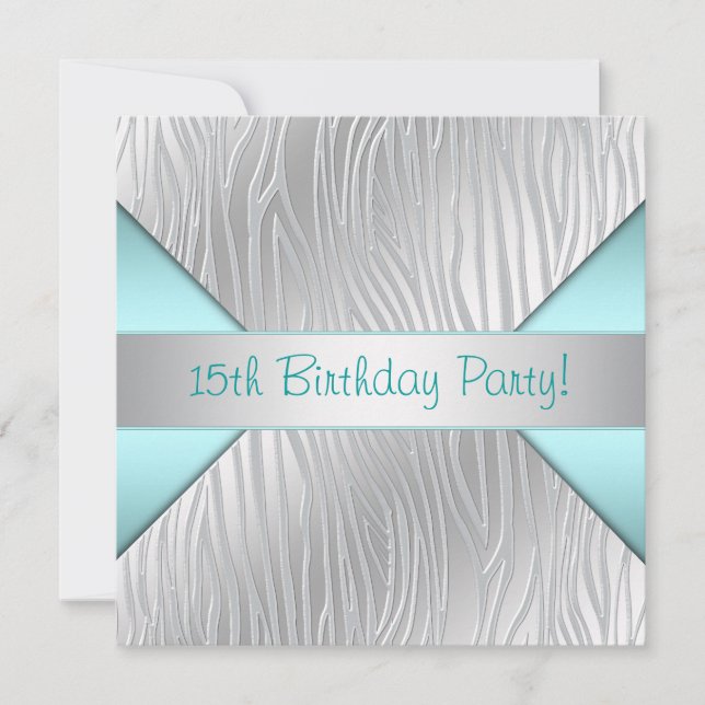 Convite de Aniversário do Teal Zebra Elegante 15 (Frente)