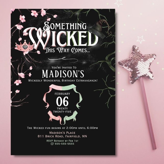 Convite de Aniversário do Tema Despertado (Enchanting Wicked-themed birthday invite with a magical, moody, and spellbinding design.)