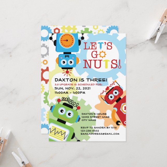 Convite de Aniversário do Tema do Partido Robô (Frente/Verso In Situ)