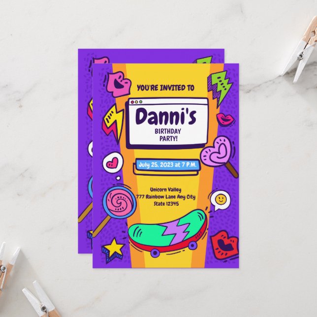 Convite de aniversário do tema Nostalgic 90 legal (Frente/Verso In Situ)