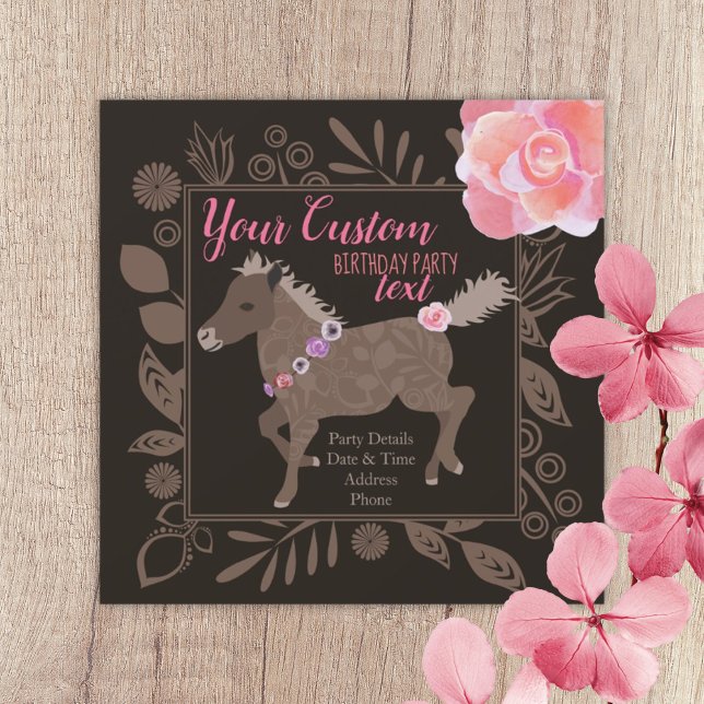 Convite de Aniversário do Tema Pink & Brown Pony (brown pink galloping pony ponies birthday party invitation girls pony themed pony ride floral roses)