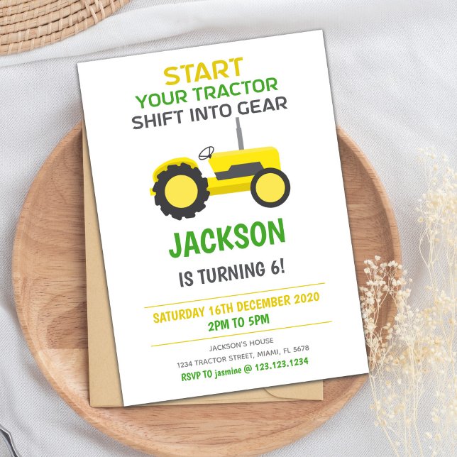 Convite de Aniversário do Trator Amarelo (White Yellow Tractor Birthday Invitations)