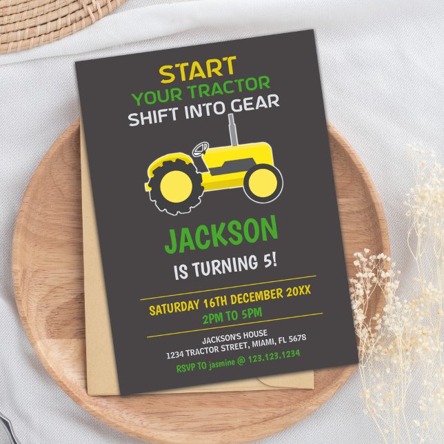 Convite de Aniversário do Trator Amarelo e Preto (Yellow Black Tractor Birthday Invitations)