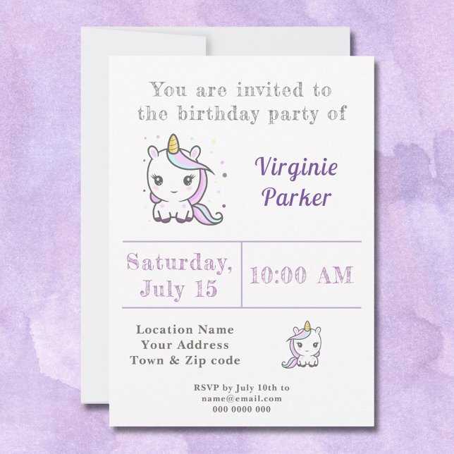 Convite de Aniversário do Unicórn Bonito (Cute Unicorn Birthday Invitation - back)