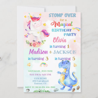 Convite de aniversário do Unicorn e do Dinossauro 