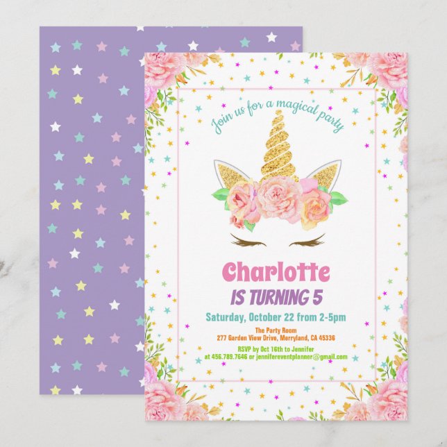 Convite de aniversário do Unicórn. Floral de aquar (Frente/Verso)