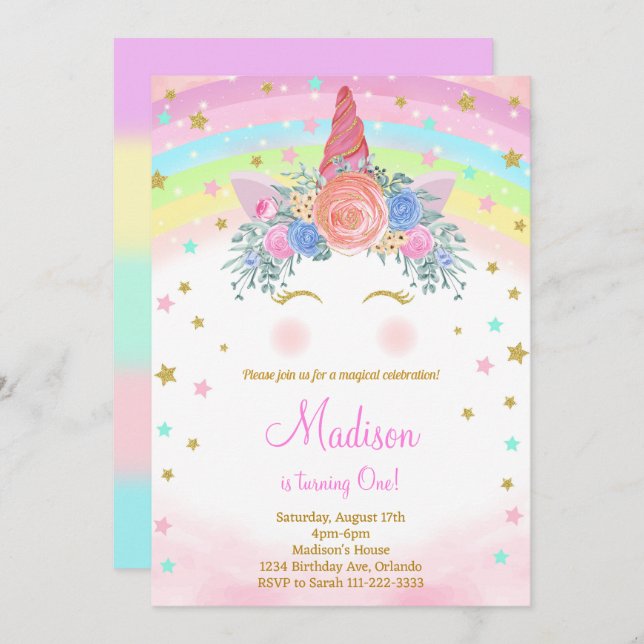 Convite de Aniversário do Unicórn Glitter (Frente/Verso)