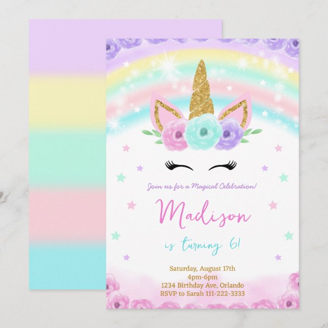 Convite de Aniversário do Unicorn Glitter de Aquar (Frente/Verso)