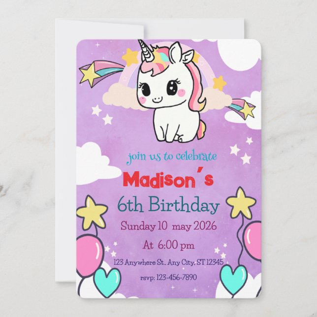 Convite de Aniversário do Unicórn | Modelo editáve (Frente)