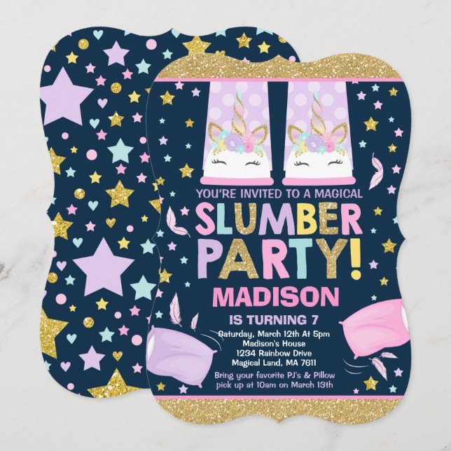 Convite de Aniversário do Unicórn Slumber Party (Frente/Verso)