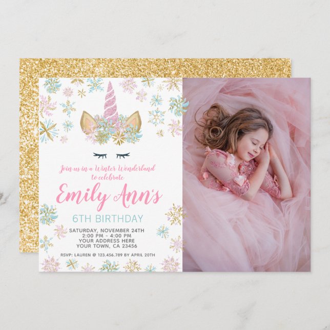 Convite de aniversário do Unicórn Winter com foto (Frente/Verso)