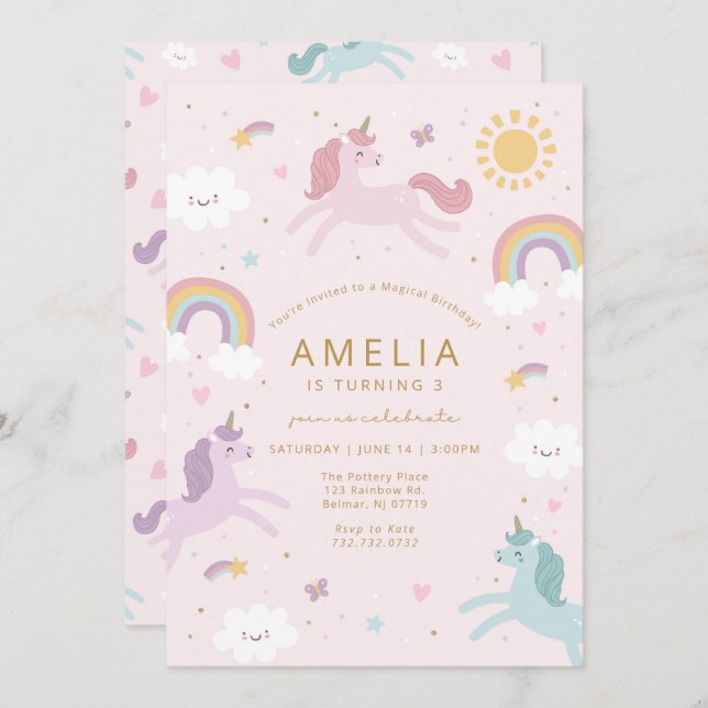 Convite de Aniversário do Unicórnio Branco (Frente/Verso)