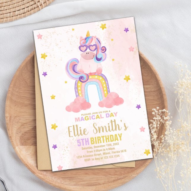 Convite de Aniversário do Unicórnio Cor-de-Água Ro (Watercolor Pink Unicorn Birthday Invitations)