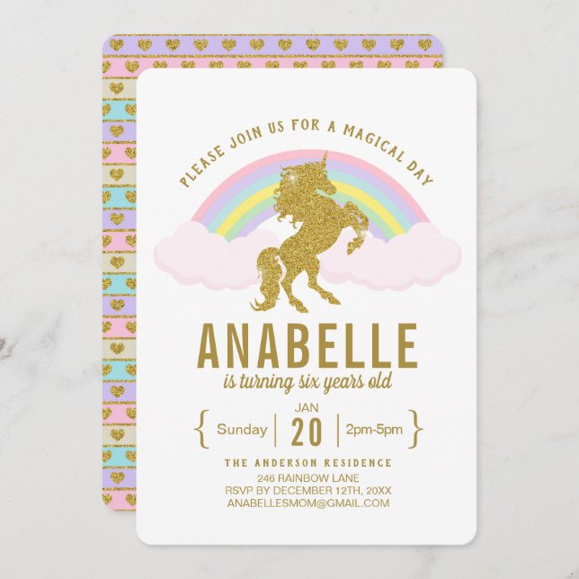 Convite de aniversário do unicórnio do brilho do (Frente/Verso)
