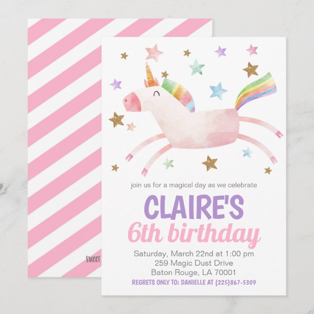 Convite de Aniversário do Unicórnio do Dia Mágico (Frente/Verso)