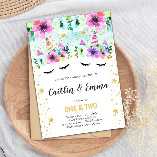 Convite de Aniversário do Unicórnio Floral Gêmeo V (Twin Green Floral Unicorn Invitations)