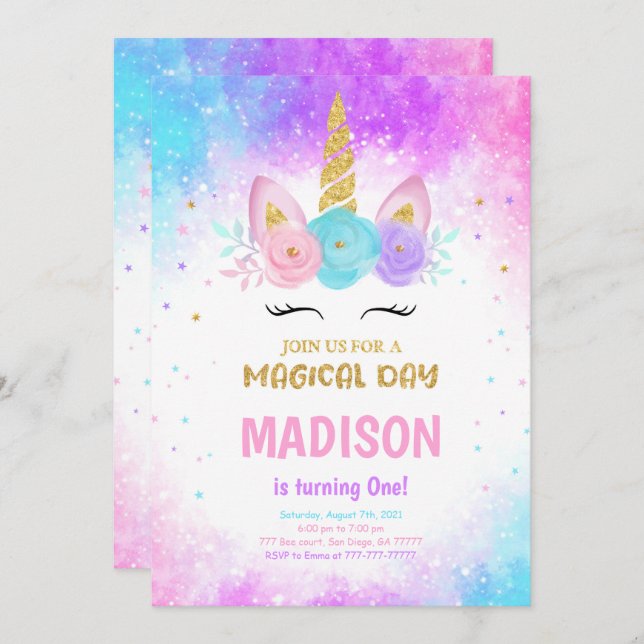 Convite de Aniversário do Unicórnio Magnético (Frente/Verso)