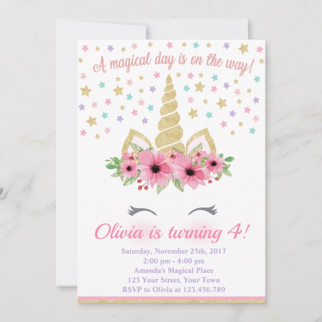 Convite de Aniversário do Unicórnio, Rosa e Dourad (Frente)