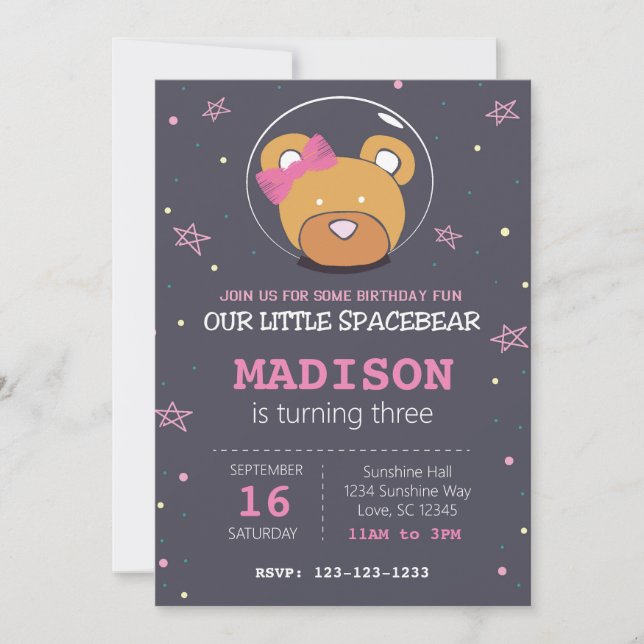Convite de aniversário do Urso de Espaço Rosa (Frente)