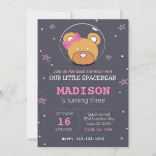 Convite de aniversário do Urso de Espaço Rosa