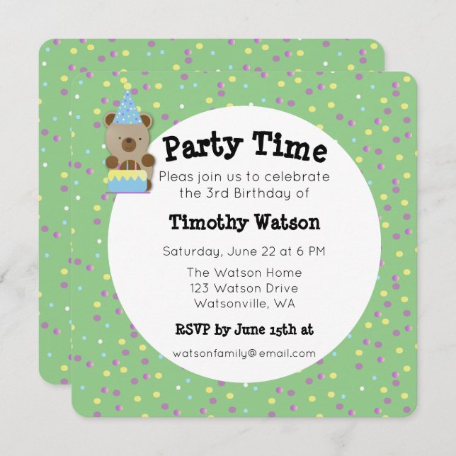 Convite de aniversário do Urso de Festa Corta (Frente/Verso)