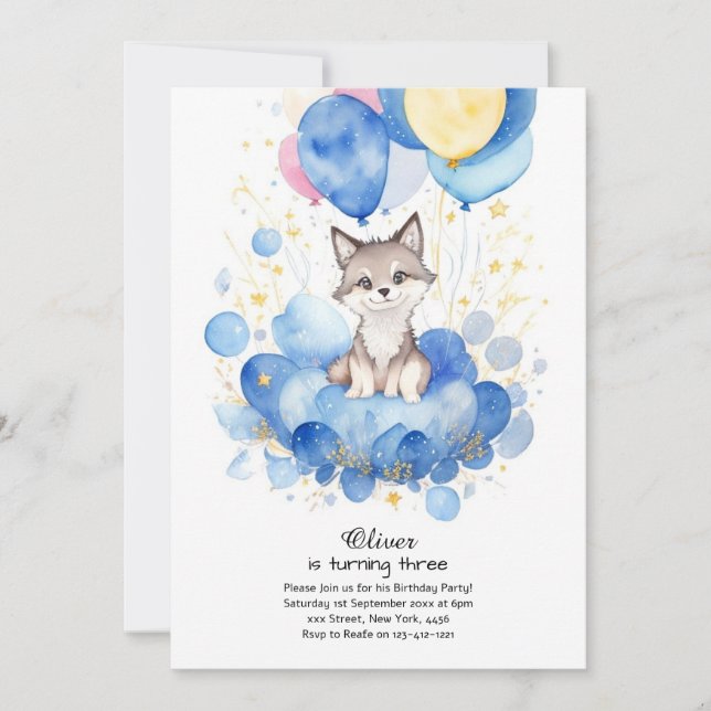 Convite de Aniversário do Watercolor Wolf Pup (Frente)