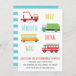 convite de aniversário do Woo Kid da Screech<br><div class="desc">convite de aniversário de criança com reboque,  caminhão de incêndio,  caminhão de lixo e ônibus escolar.</div>