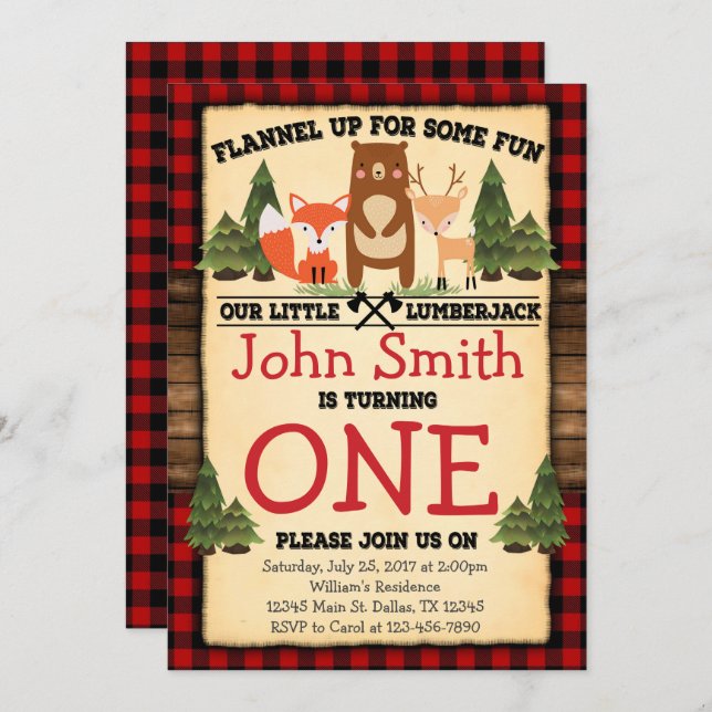 Convite de aniversário do Woodland de Lumberjack (Frente/Verso)