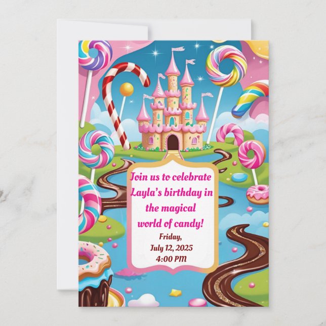 Convite de Aniversário Doce Candyland para Criança (Frente)