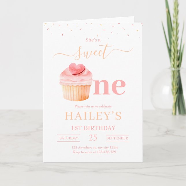 Convite de Aniversário Doce Um, Cupcake Aniversári (Frente)