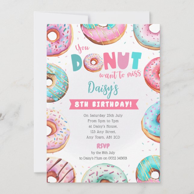 Convite de Aniversário Donut Rosa Você Não Pode Pe (Frente)