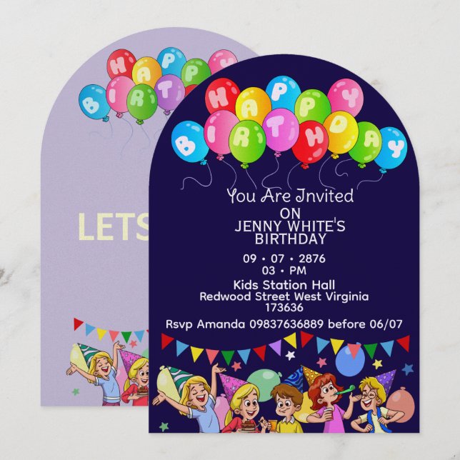 Convite de Aniversário dos Balloon Kids (Frente/Verso)