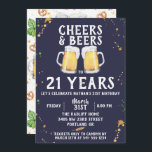 Convite de aniversário dos elogios & das cervejas<br><div class="desc">Canecas de cerveja pintadas no fundo dos azuis marinhos,  "ELOGIOS & CERVEJAS",  convite de aniversário. Teste padrão do estilo do bar em características,  em saltos,  no trigo,  no vidro de cerveja,  na caneca de cerveja e em pretzeis traseiros. A cor e o estilo da pia batismal podem ser personalizados.</div>