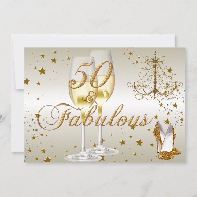 Convite de Aniversário Dourado Brilhante 50 & Fabu (Frente)