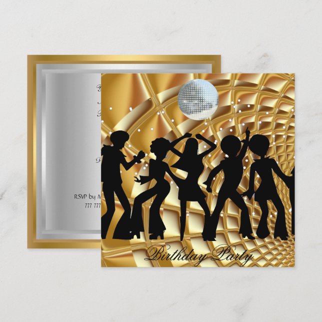 Convite de Aniversário Dourado de Dança Disco (Frente/Verso)