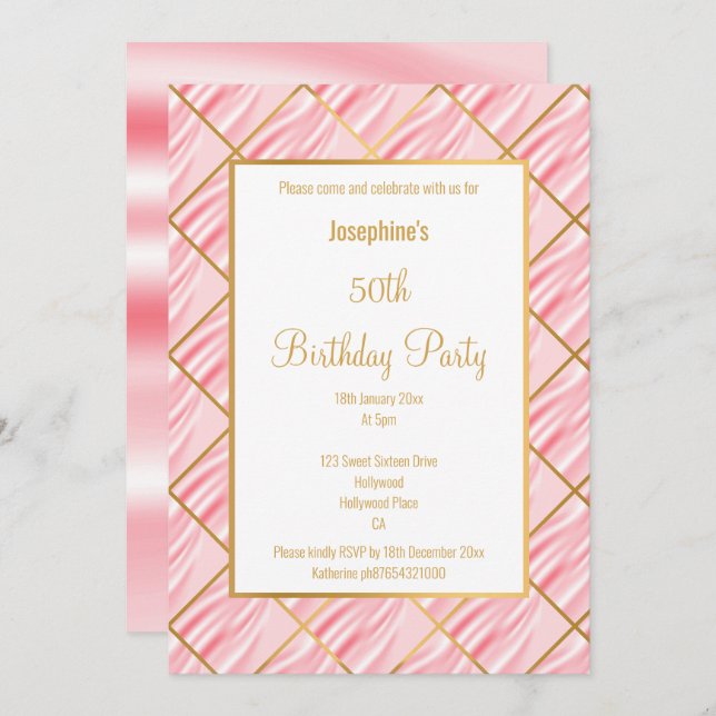 CONVITE DE ANIVERSÁRIO DOURADO DO ELEGANTE PINK SA (Frente/Verso)