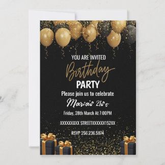 Convite De Aniversário Dourado E Preto Elegante