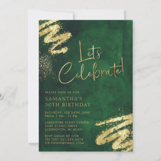 Convite de aniversário Dourado e Verde Emerald