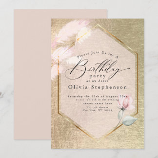 Convite de aniversário Dourado, Floral, Luxe Rosa