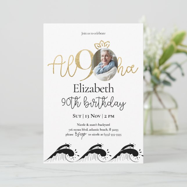 Convite De Aniversário Dourado Para 90 Tropicais C (Em pé/Frente)
