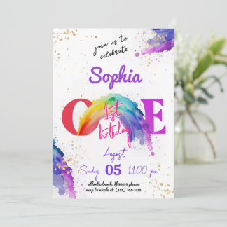 Convite de aniversário Dourado Rainbow Watercolor