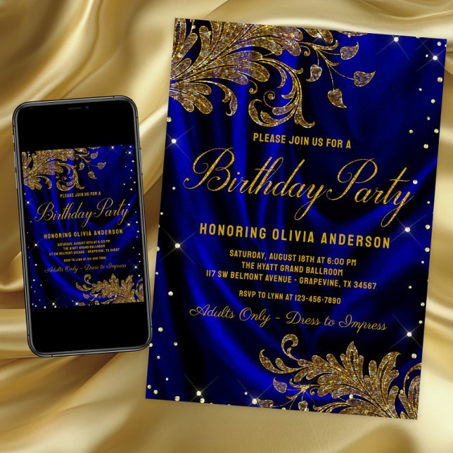 Convite de aniversário Dourado Real Azul (Womans royal blue & gold any number birthday invitation. For instant download & printed invitations.)
