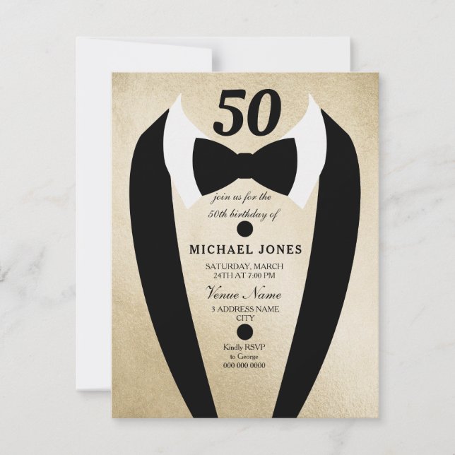 Convite de aniversário Dourado Tuxedo Mens 50th (Frente)